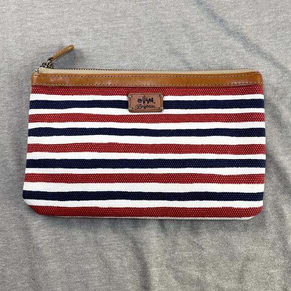 Brighton Vera Sails Striped Medium Makeup Bag Red Blue Leather Trim Clutch - Picture 1 of 6